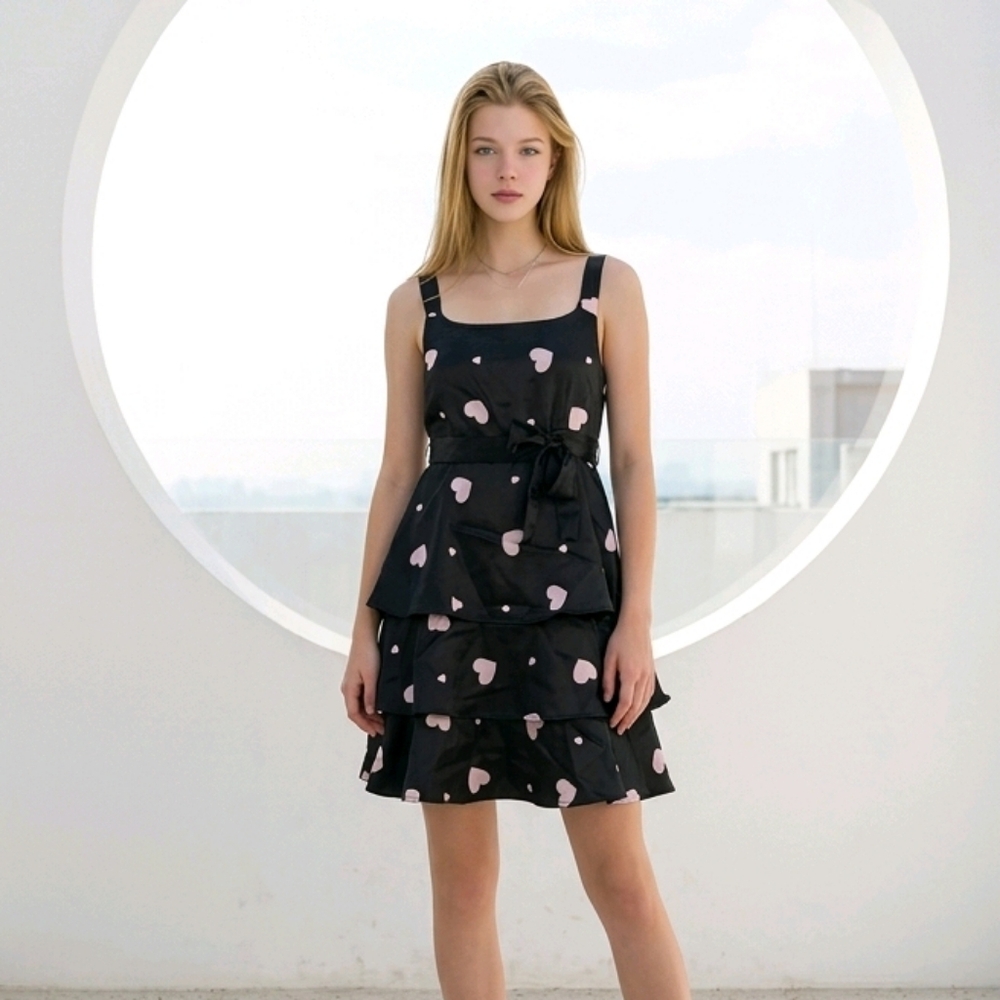 Justice Girls Heart Print Tiered Party Dress Black Pink Fit & Flare 14 Occasion